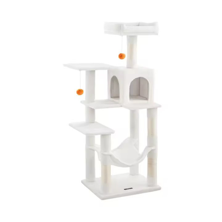 Árbol para gatos de 143 cm, torre con rascadores, plataformas, cueva, hamaca, pompones y tela de felpa en varios colores, multinivel para el entretenimiento felino - 1