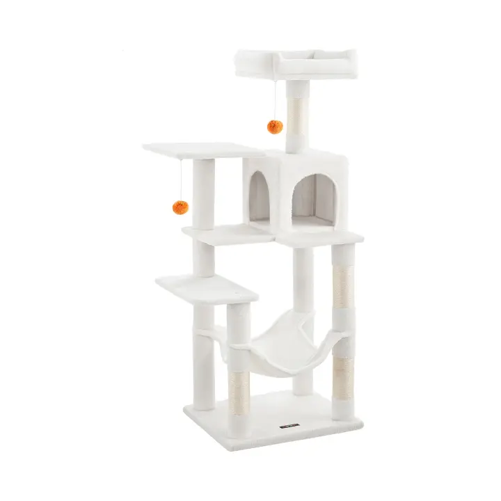 Árbol para gatos de 143 cm, torre con rascadores, plataformas, cueva, hamaca, pompones y tela de felpa en varios colores, multinivel para el entretenimiento felino - 1