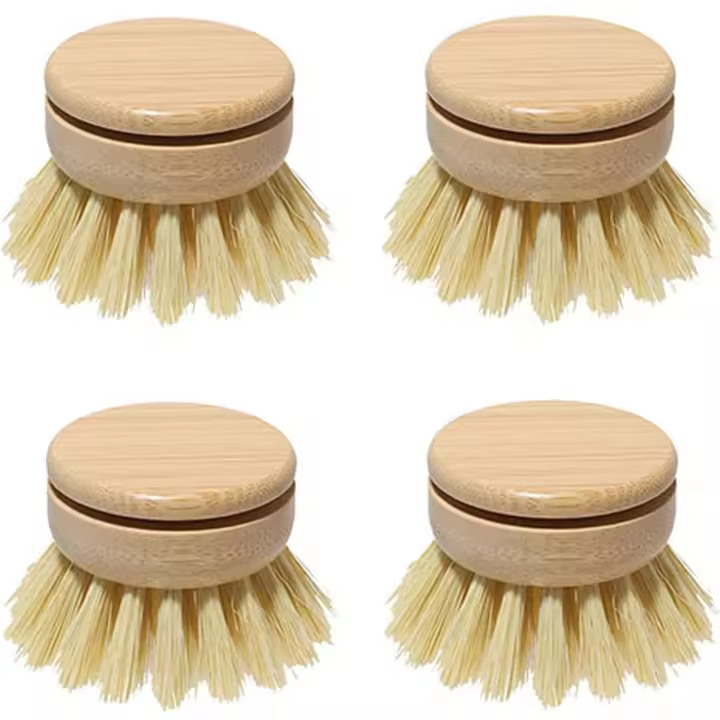 Wooden Washing Brush - 4 Pack Replacement Heads, Natural Bamboo Dish Scrubber - 1
