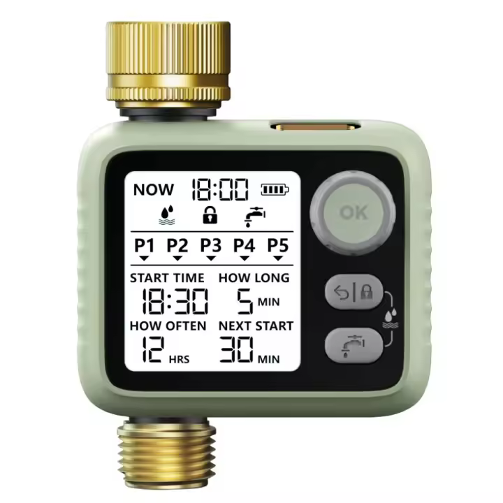 GREENGOF Programador de Riego Premium - Conectores de Latón - Sensor de Lluvia - Pantalla Retroiluminada - Temporizador de Bajo Consumo a Pilas - 5 Programas Independientes - Fácil e Intuitivo. - 1
