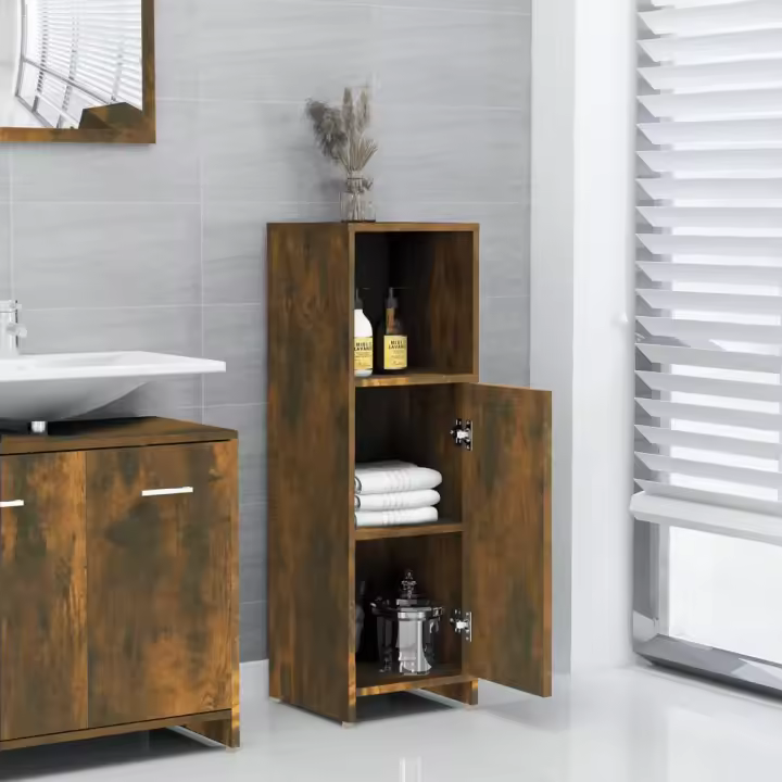 vidaXL Armario de baño madera contrachapada 30x30x95 cm en color Blanco/Roble ahumado/Roble Sonoma y más | almacenamiento funcional diseño moderno para baño dormitorio sala - 1
