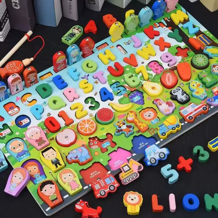 Juguetes De Madera Montessori Para Niños Tablero Ocupado Con Frutas Números Alfabeto Animales Y Tráfico Juego De Encaje Educativo Para Preescolar - 1