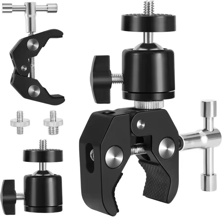 Adaptador de zapata para cámara con abrazadera de rótula esférica, superabrazadera y mini rótula esférica con tornillos de 1/4 y 3/8 - 1
