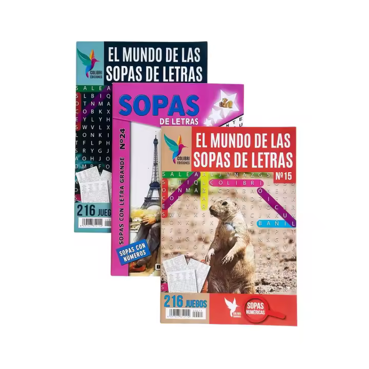 Sopas de Letras en Pack de 3 Unidades - 630 Juegos de Palabras Ocultas - Español - Distripubli - 1