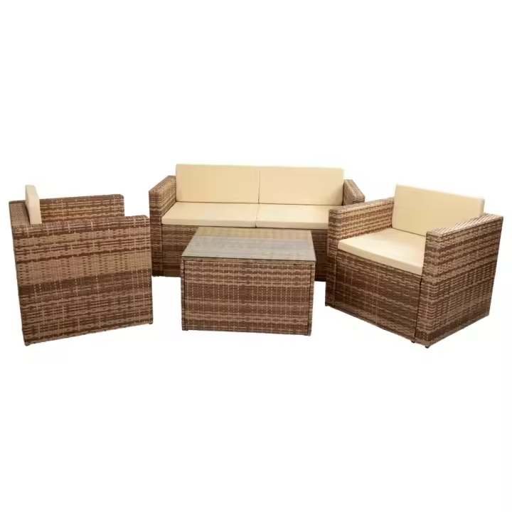 Conjunto de Muebles de Rattan Sintético WANDERLUST - Mesa 75x65x45 Cm, Sofá 152x70x65 Cm y 2 Sillones 76x70x65 Cm - Ideal para Terrazas - 1
