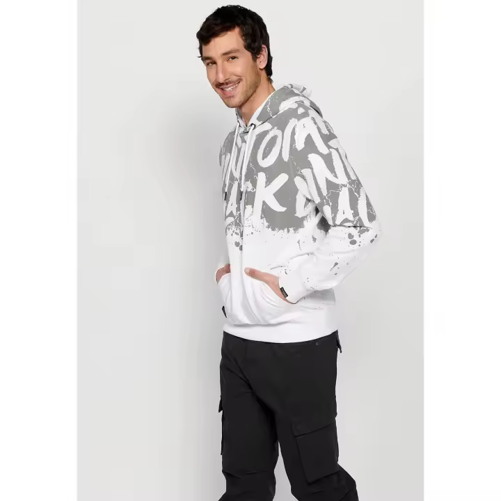 Koroshi Sudadera de manga larga de cuello con capucha ajustable con cordón y estampado delantero de color blanco para hombre | Ropa Casual - 1
