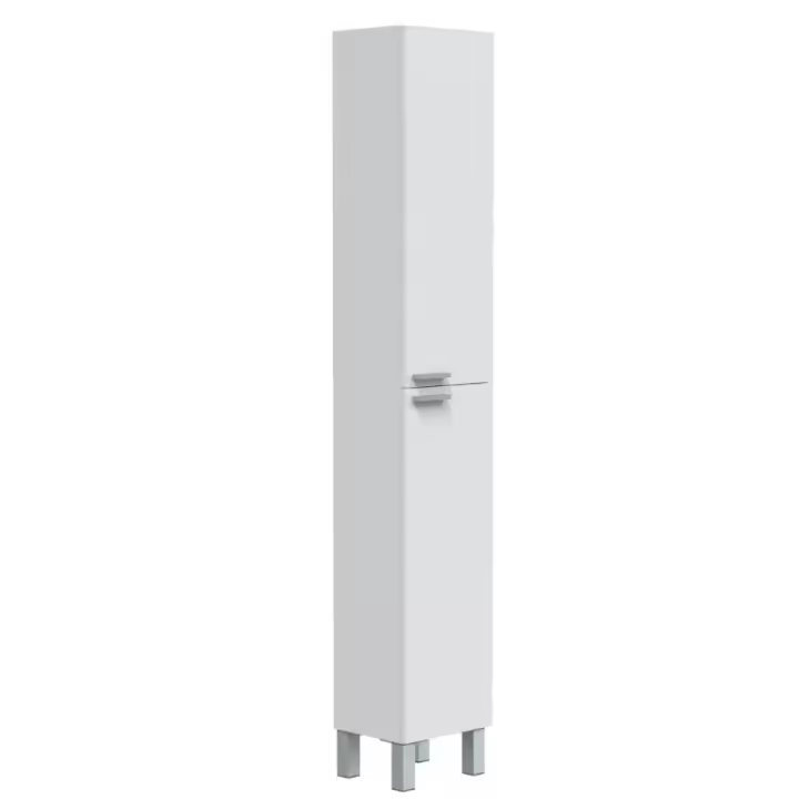 Meimon Columna de baño KONCEPT blanca brillo, 2 puertas reversibles, estantes regulables, tablero melaminizado E1 (15 mm), trasera MDF (3 mm), patas aluminio mate, tiradores ABS gris, 182x30x25 cm, carga máx. balda 3 kg, - 1
