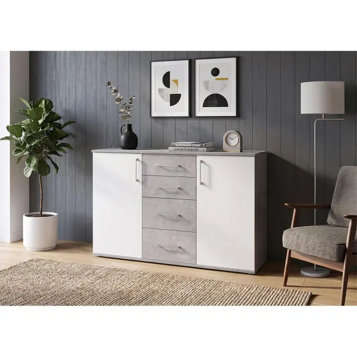 Comoda Aparador Joana 2 Puertas y 4 Cajones Blanco y Cemento 120x82 cm - 1