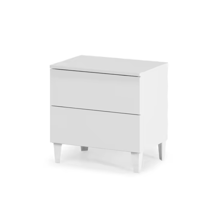 Meimon Mesita LOFT 2 cajones 49x50x34 cm, melamina E1 blanco brillo, cajones MDF lacado texl, guías metálicas extraíbles, patas ABS, cantos PVC y melamínicos, carga máx. 15 kg, embalaje 635x400x104 mm, peso 11,65 kg, volumen 0,026 m³ - 1