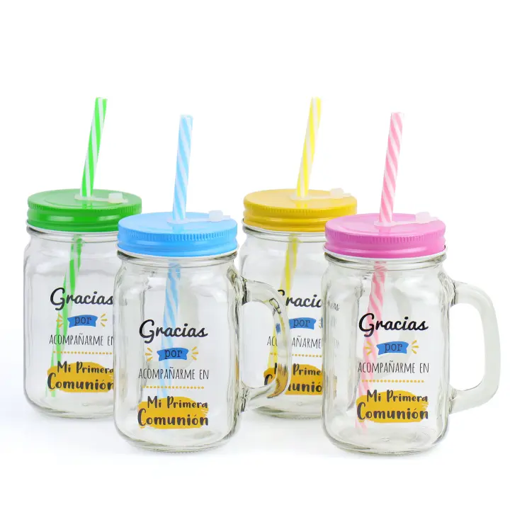 Pack de 3 a 24 unidades de Jarras de cristal, 4 colores, Detalles de comunión para los invitados, Jarra personalizada con frase especial, Diseño único, Detalles personalizados para regalos,  Regalantes.com - 1