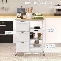 Carro de Cocina Carrito Auxiliar con Ruedas Carrito Verdulero con Tablero de Madera 3 Cajones 2 Estantes Abiertos y Bandeja Extraíble para Comedor Salón 67x37x85,5 cm Blanco - details 2