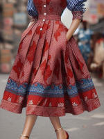Vestido Vintage Para Mujer Con Estampado Floral Y Rayas Bolsillos Cuello Enrollado Manga Puff A-Line Elegante Midi Botones Polyester - details 2