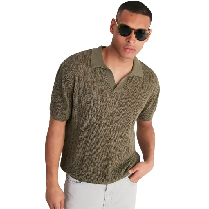 Trendyol Limited Edition Khaki Relaxed Cotton Short Sleeve Polo Neck Knit T-Shirt Tmnss23Po00024 - 1