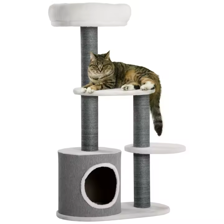 PawHut Rascador para gatos de 98 cm, árbol trepador con tabla rascadora, rascador para gatos con cueva para gatos, 3 plataformas, mueble para gatos, gris+blanco - 1