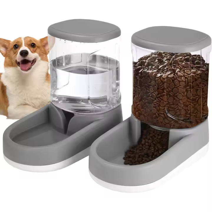 Gatos Perros Riego automático y alimentador, 3,5 L x 2 piezas, dispensador de comida para gatos, Alimentador automático para perros, dispensador de agua para perros pequeños, grandes y medianos y gatos (gris) - 1