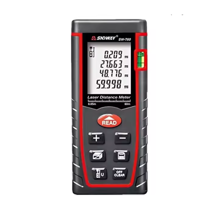 SNDWAY Medidor de distancia láser SW-T60 Telémetro láser digital Medidor de distancia de 60 m Volumen de área de cinta métrica con nivel de burbuja y pantalla LCD de 4 líneas - 1