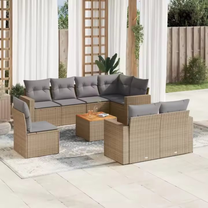 vidaXL Juego de sofás jardín con cojines beige mezcla 9 pzas ratán PE - 1