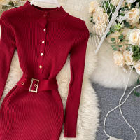 Vestido REALEFT De Punto Para Mujer Con Cuello Alto Y Mangas Largas Estampado Sólido Estilo Casual Vestido De Abrazo Largo Hasta La Rodilla Para Otoño E Invierno - details 17