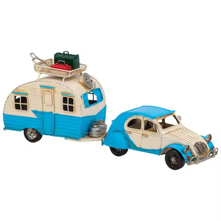 Coche Remolque Caravana Metal Azul 9,5x41x15,5cm, El mejor complemento para tu hogar - 1