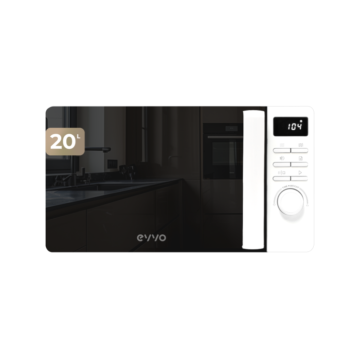 EVVO Microondas M20 , 20L de Capacidad, Grill 800W, Puerta Efecto Espejo, Multifunción, Función Descongelar, Temporizador