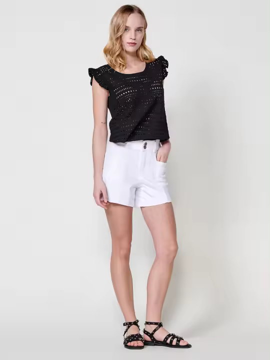 Koroshi Camiseta de manga corta con cuello redondo y frontal con mangas volante y tejido bordado inglés con espalda y tejido estructura flamé con placa metálica con logo Koröshi para mujer de color negro - 1