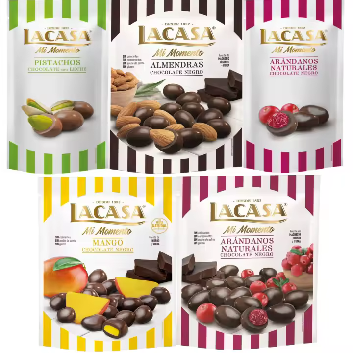 Lacasa Mi Momento pack de 5:Arándano Choco Negro ,Pistacho Choco Leche,Arándano Choco Negro ,Almendra Choco Negro ,Mango Choco Negro - 1