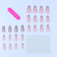 24Pcs Uñas Postizas Cortas Glitónas Estilo Francés Cabeza Redonda Cubiertas Completas Para Mujeres Uñas Press on Almendra - details 2