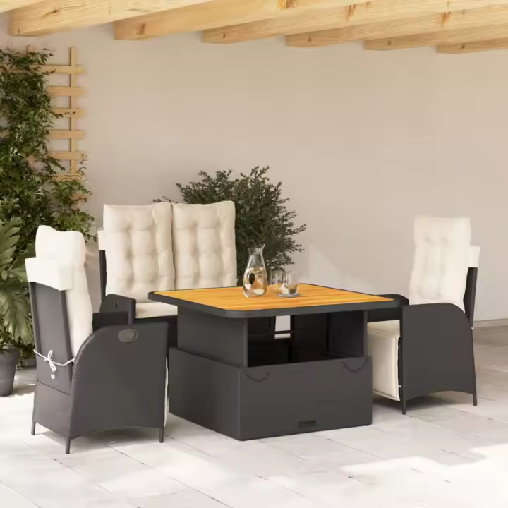 vidaXL Juego comedor jardín 4 piezas con cojines ratán sintético negro - 1