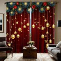 Cortina De Navidad Roja Con Encaje 2 Piezas Decoración De Hogar Estilo Pastoral Para Sala Y Dormitorio Translúcida De Poliéster - details 0