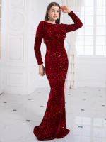 Vestido De Noche Largo En Rojo Real Con Lentejuelas Y Ajuste Corporal Manga Larga Estilo Mermaid Para Fiesta Vestido Sexy Y Club - details 10