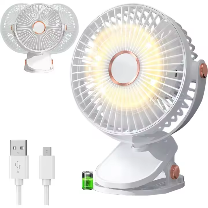 Ventilador de Mesa USB Recargable, Mini Ventilador USB Mesa Portátil, 3 Velocidades, 360° Ajustable, Luz LED, para Oficina/Hogar/Viajar/Acampar/Cocina, Blanco - 1