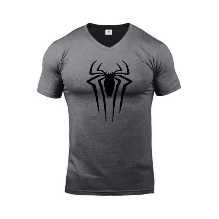 Camiseta De Hombre Con Estampado De Araña Negra V-Neck Verano Transpirable Deporte Fitness Manga Corta Cuello Redondo Talla Slim - 1