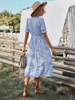 Vestido Largo Medio Casual De Rayas Para Mujer Con Borlas Cuello V Manga Corta Estilo A-Line Primavera Verano Polyester - details 12
