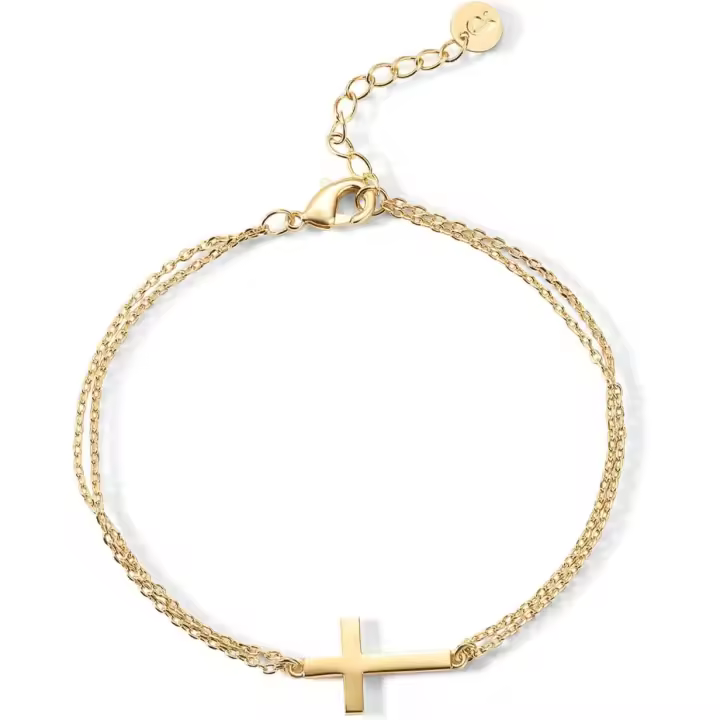 Pulsera Cruzada de Lado Chapado en oro de 14 Quilates para Mujer | Pulsera Religiosa de Estación de zirconia cúbica | Regalo de confirmación - 1