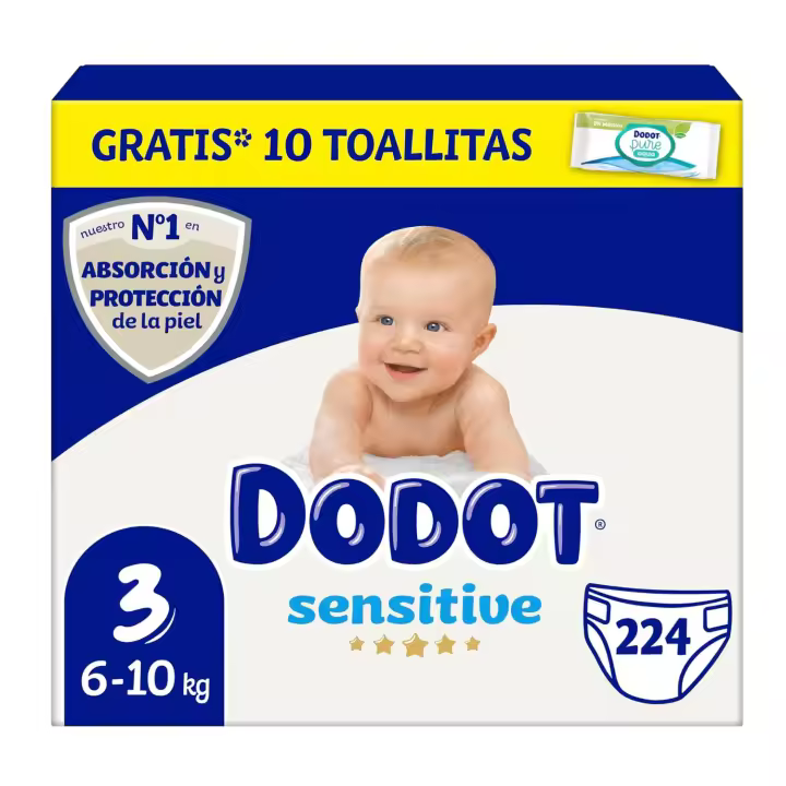 Dodot - Pañales Bebé Sensitive, Talla 3 (6-10 kg), 224 Pañales + 1 Pack de 10 Toallitas Gratis de Aqua Plastic Free, Nº1 en Protección de la Piel de Dodot, Pack Mensual - 1
