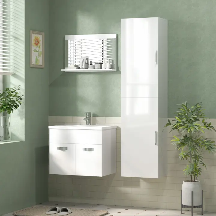 HOMCOM Columna de Baño de Pared Armario de Baño Estrecho con Estantes Ajustables y 2 Puertas Mueble de Baño Moderno para Espacio Pequeño 40x30x160 cm Blanco Brillo - 1