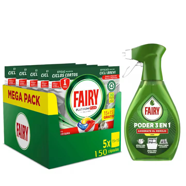 Fairy Platinum Plus All in One (150 Cápsulas) + Fairy Poder Sin Remojo Limón Spray, Vajilla y Cocina, Antigrasa, 500ml , Pastillas Lavavajillas para Limpieza Profunda, Brillo Superior y Fragancia a Limón - 1