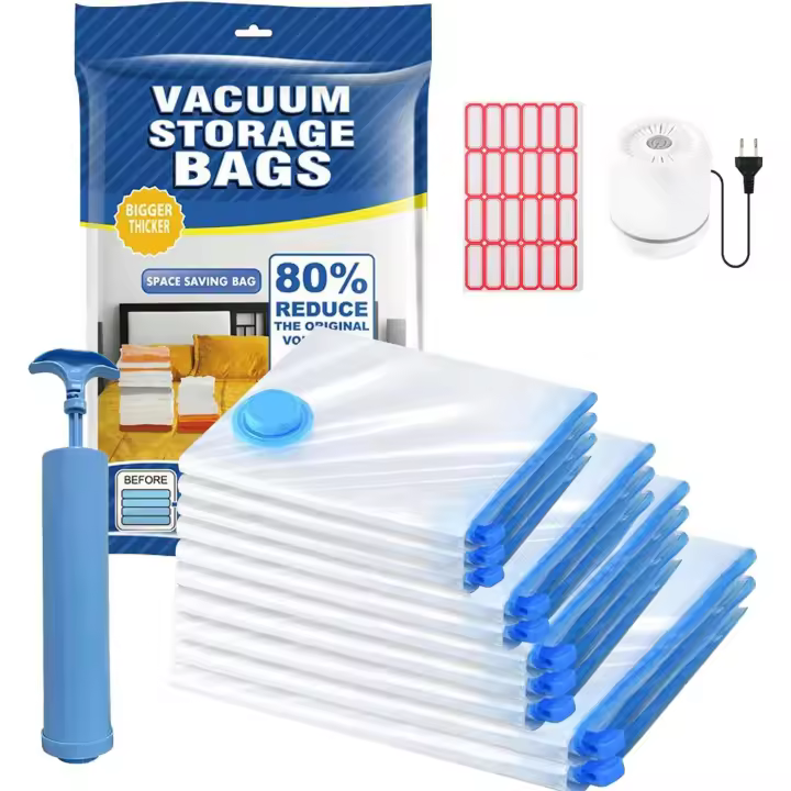 Bolsas Vacio Ropa,Con Bomba Eléctrica Portátil, 10 Bolsas de Vacio Para Ropa (2 Extra Grandes, 3 Grandes, 2 Medianas y 3 Pequeñas) Guarda Ropa y Ropa de Cama Variadas, Adecuado Para Viajes y Familia. - 1