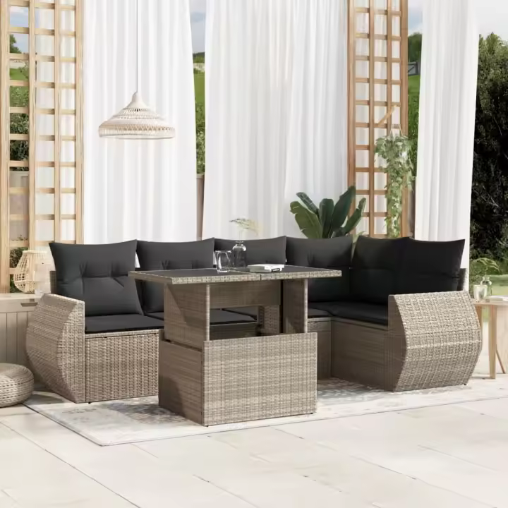 vidaXL Set de sofás de jardín 6 pzas y cojines ratán sintético gris - 1