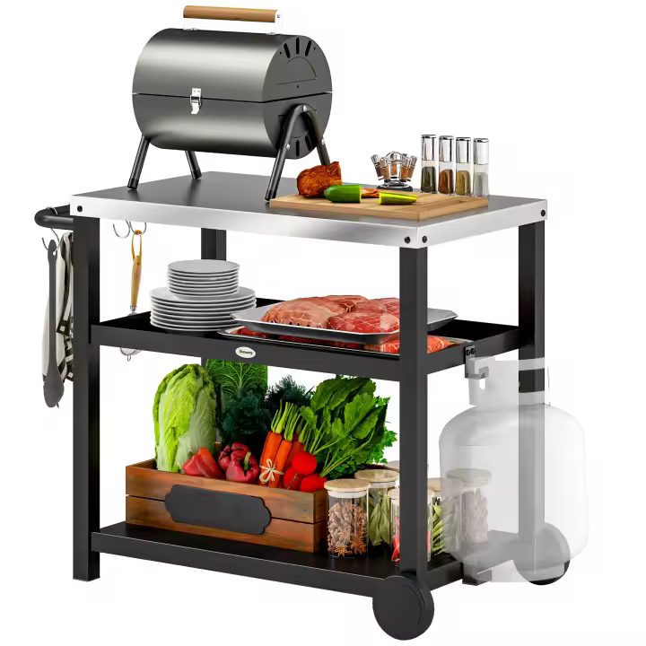 Outsunny Carrito de Parrilla de 3 Niveles Carrito de Barbacoa Carro de Servicio con 2 Ruedas Estantes Encimera de Acero Inoxidable y Asa Mesa de Horno de Pizza para Jardín Patio Gris Carbón - 1