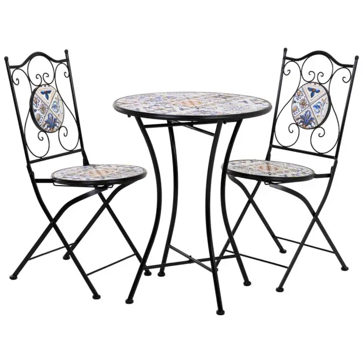 Conjunto mesa y dos sillas de mosaico y forja negro mesa:D60x75h-silla(2):D38x46-90h - 1