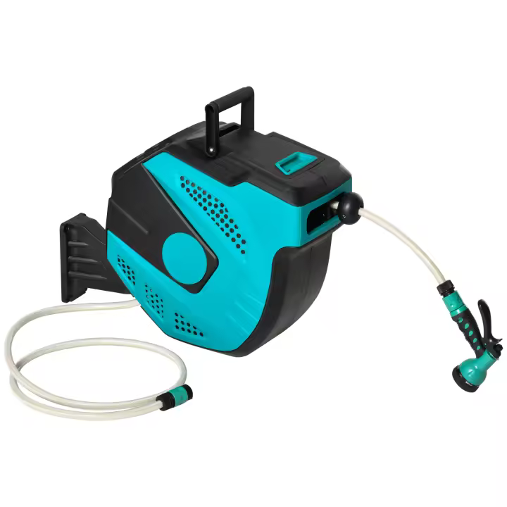 Outsunny Carrete de Manguera de Jardín 20M+1,95M Manguera de Riego Montado en Pared Enrollador Automático con 7 Modos de Pulverización 180° Giratorio 52x43x24 cm Negro y Verde - 1