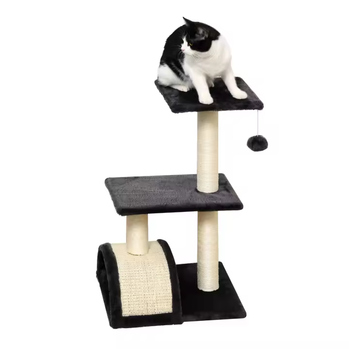 PawHut Rascador pequeño para gatos con tabla rascadora, árbol para gatos, árbol trepador para gatos, felpa de sisal, gris oscuro, 40 x 35 x 72 cm - 1