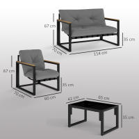Outsunny Conjunto de Jardín Exterior de 4 Piezas Muebles Jardín Exterior con 2 Sillones y 1 Sofá de 2 Plazas con Cojines y Mesa de Centro con Tablero de Vidrio Templado Gris y Negro - details 2