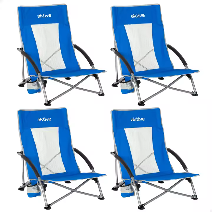 Aktive - Pack 4 sillas de playa plegables, asiento bajo, 50x51x67 cm, estructura de acero, tejido poliéster con malla transpirable, reposabrazos, bolsillo lateral y bolsa de transporte - 1