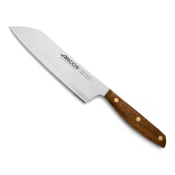 Arcos Cuchillo Santoku Acero Inoxidable. Cuchillo cocina japonés para pescado, carne y verduras. Mango madera Ovengkol 100% natural FSC y Hoja 190 mm. Serie Nordika. Color marrón. - 1