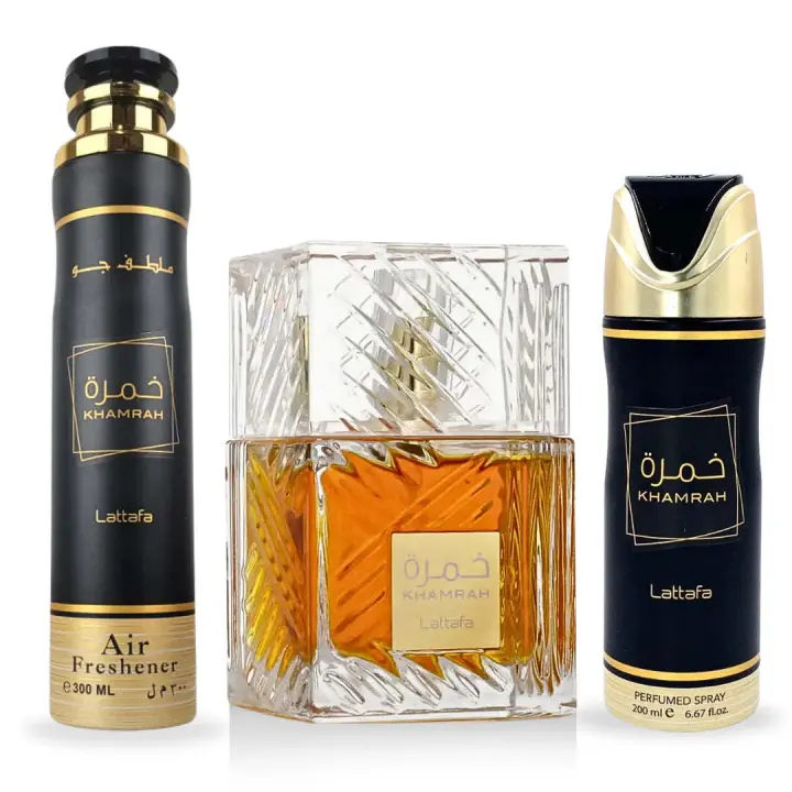 Pack Khamrah de Lattafa, Perfume 100ml Desodorante 200ml y Ambientador 300ml -  NOVEDAD Fragancias Exquisitas para Toda Ocasión. - 1