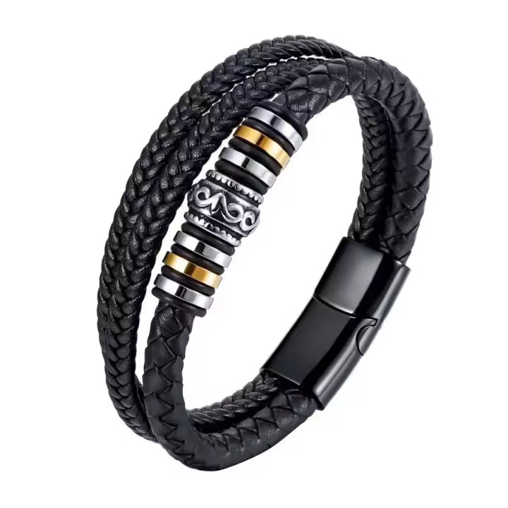Pulsera de cuero para hombre, multicapa, Tejida a mano, con Cierres magnético, pulsera de cuero Genuino - 1