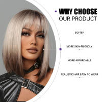 Pelucas Sintéticas Cortas Y Rectas Para Mujeres De Color Rubio a Marrón Ombre Con Flequillo Peluca Bob Resistente Al Calor Para Cosplay Diario Y Fiestas Falso Cabello Tamaño Promedio - details 3