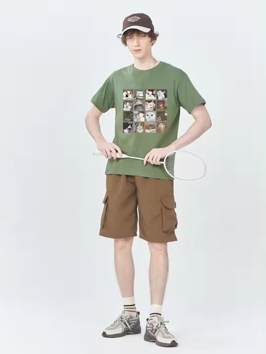 Camiseta De Algodón Grande Y Casual Para Hombres Con Diseño De Gatos De Meme Impresión Creativa Transpirable Y Ligera Para La Playa Y Verano Con Manga Corta - 1